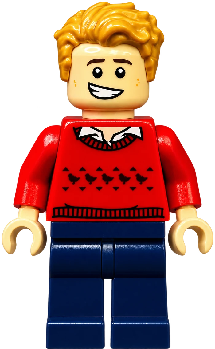 Bricks Designer's minifigure, smiling in a red sweater